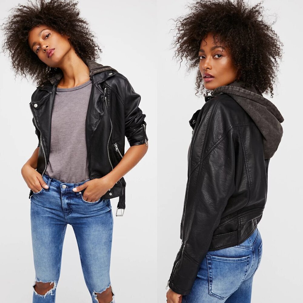 Free People Black Full Zip Drapey Vegan Moto Jacket 20706